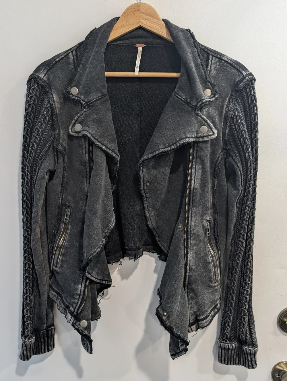 Free People Washed Black Ruffle Knit-Sleeve Moto Jacket Size Small